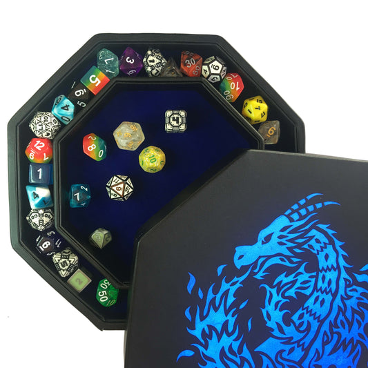Blue Fire Dragon - Dice Tray - 9" Octagon with Lid and Dice Staging Area