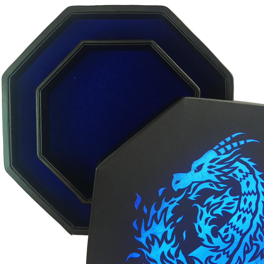 Blue Fire Dragon - Dice Tray - 8" Octagon with Lid and Dice Staging Area