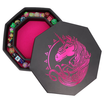 Pink War Unicorn - Dice Tray - 9" Octagon with Lid and Dice Staging Area