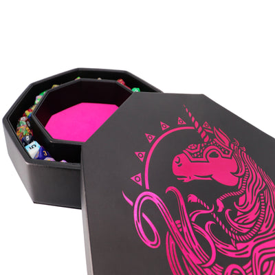 Pink War Unicorn - Dice Tray - 9" Octagon with Lid and Dice Staging Area