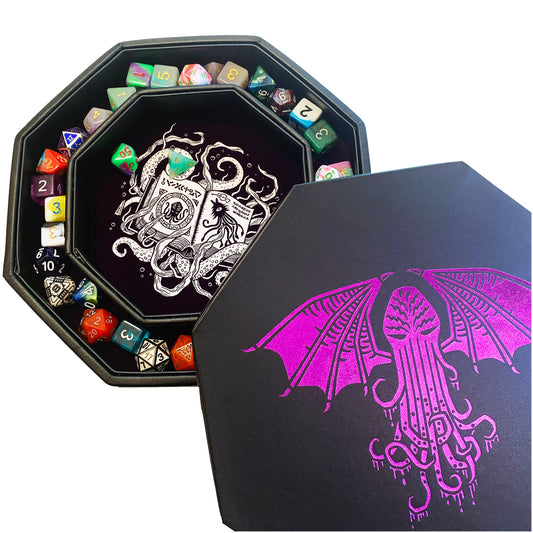 Purple Cthulhu Tome- Dice Tray - 9" Octagon with Lid and Dice Staging Area