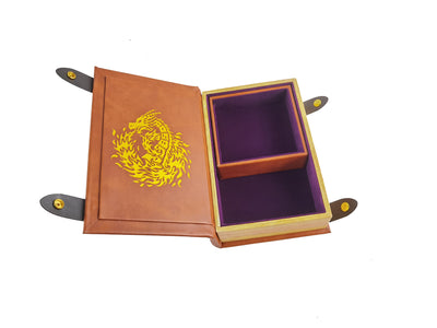 Fire Dragon Book-Shaped Gold Deep Purple Velvet Fire Rolling Magic Book Tray for All Tabletop RPGs Like D&D , Call of Cthulhu, Shadowrun.