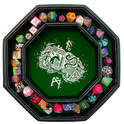 Green Fire Dragon - Dice Tray With Spellbook Art 8" Octagon with Lid and Dice Staging Area
