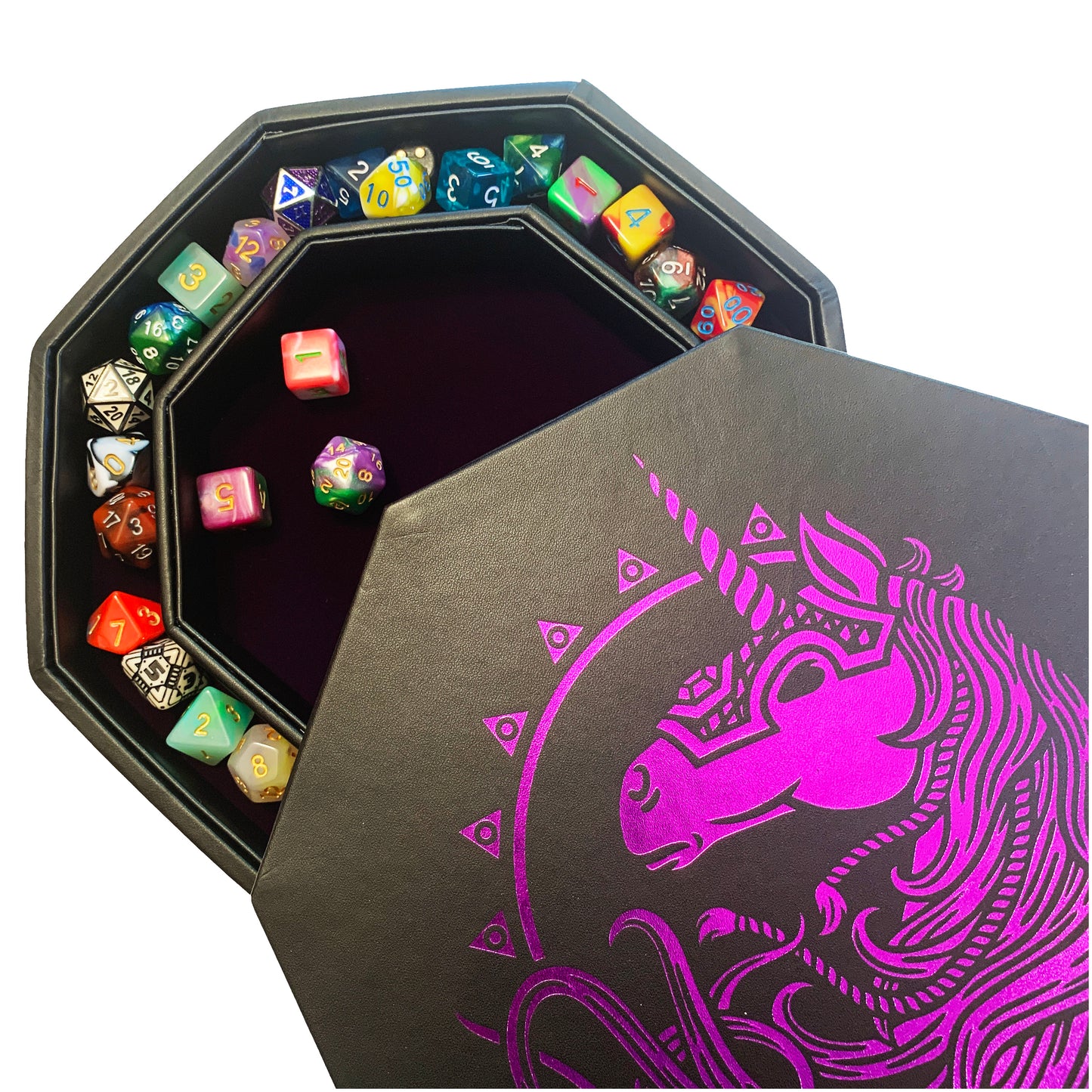 Purple War Unicorn - Dice Tray - 9" Octagon with Lid and Dice Staging Area